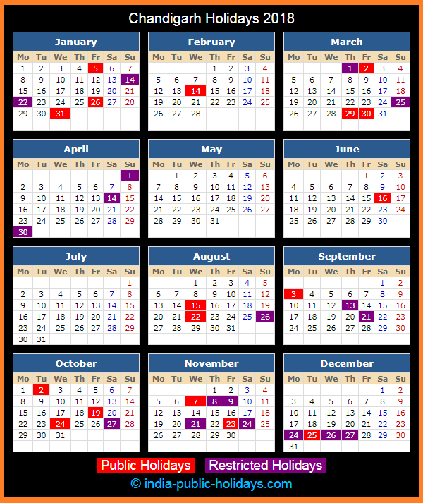 Chandigarh Holiday Calendar 2018